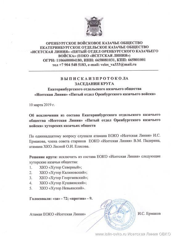 Выписка из протокола Круга ЕОКО "Исетская Линия" "Пятый отдел ОКВ" от 10.03.2019 года