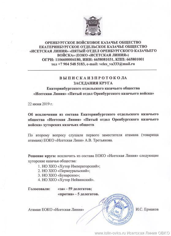 Выписка из протокола Круга ЕОКО "Исетская Линия" "Пятый отдел ОКВ" от 22.06.2019 года